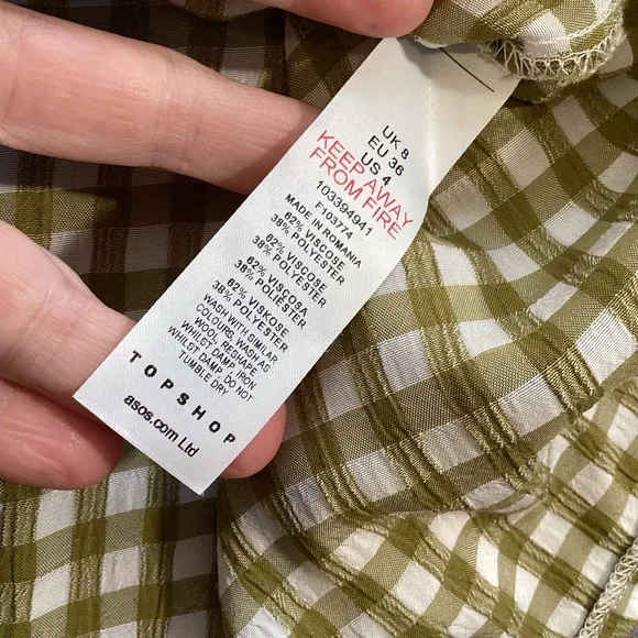 Topshop Tie Sleeve Gingham Mini Dress in Khaki, Size 4 Item 103394573 - Picture 12 of 13